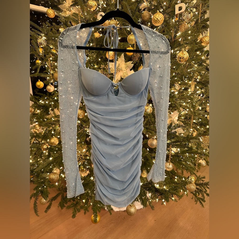 Oh Polly Blue Bodycon Dress with Sheer Beaded Sleeves